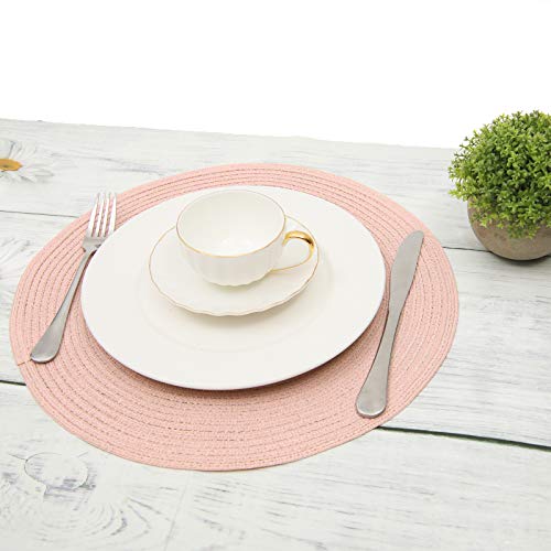 SHACOS Round Braided Placemats Set of 6 Washable Round Placemats for Kitchen Table 15 inch Round Table Mats (Beige, 6)