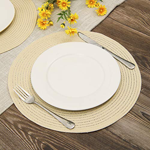 SHACOS Round Braided Placemats Set of 6 Washable Round Placemats for Kitchen Table 15 inch Round Table Mats (Beige, 6)