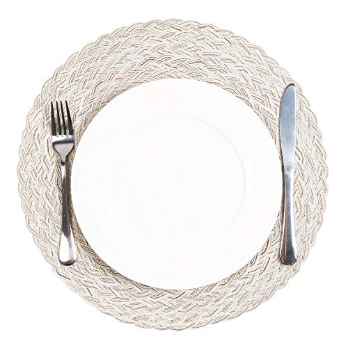 SHACOS Round Braided Placemats Set of 6 Washable Round Placemats for Kitchen Table 15 inch Round Table Mats (Beige, 6)