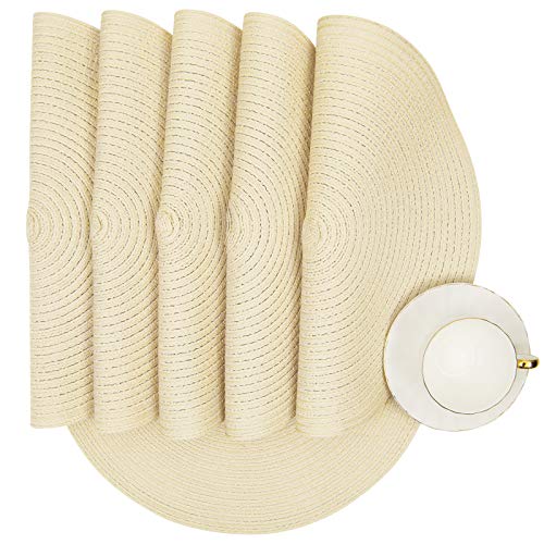 SHACOS Round Braided Placemats Set of 6 Washable Round Placemats for Kitchen Table 15 inch Round Table Mats (Beige, 6)