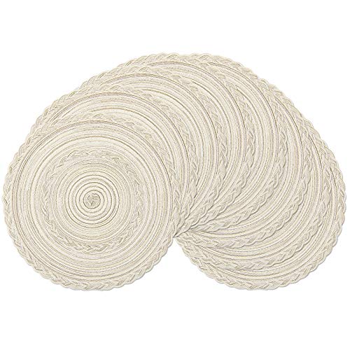 SHACOS Round Braided Placemats Set of 6 Washable Round Placemats for Kitchen Table 15 inch Round Table Mats (Beige, 6)