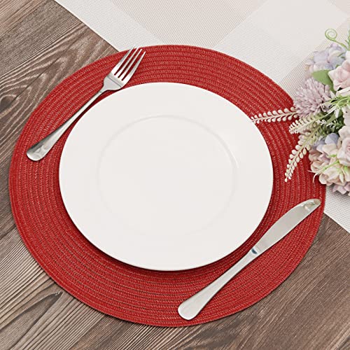 SHACOS Round Braided Placemats Set of 6 Washable Round Placemats for Kitchen Table 15 inch Round Table Mats (Beige, 6)