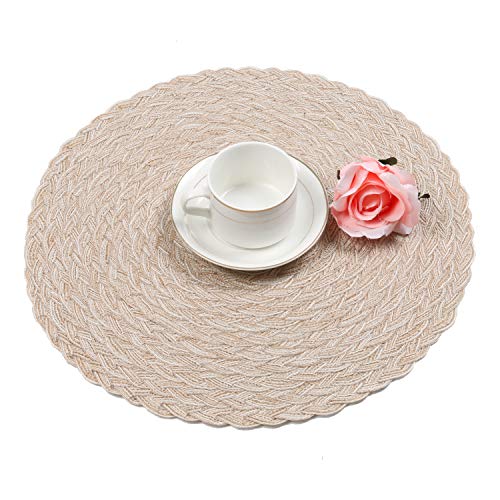 SHACOS Round Braided Placemats Set of 6 Washable Round Placemats for Kitchen Table 15 inch Round Table Mats (Beige, 6)