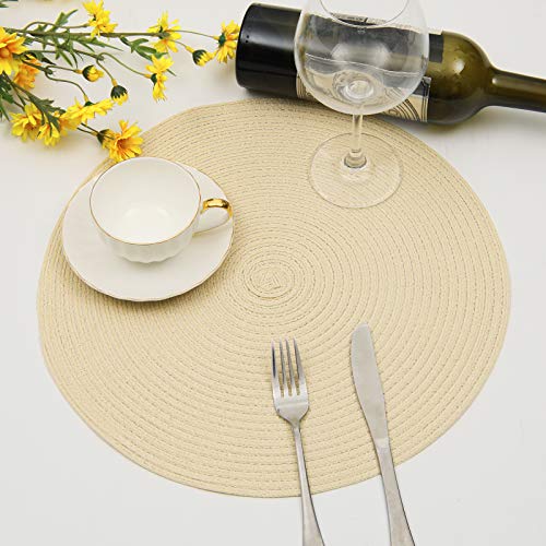 SHACOS Round Braided Placemats Set of 6 Washable Round Placemats for Kitchen Table 15 inch Round Table Mats (Beige, 6)