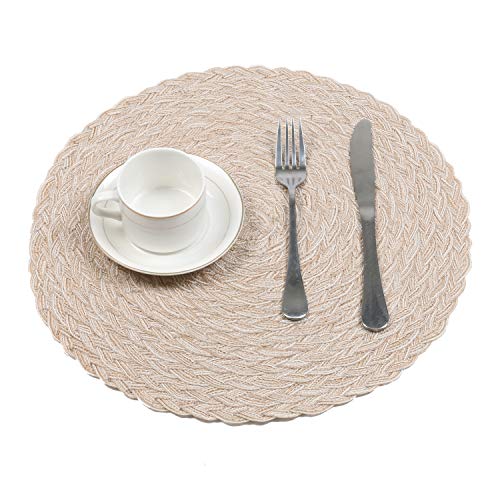 SHACOS Round Braided Placemats Set of 6 Washable Round Placemats for Kitchen Table 15 inch Round Table Mats (Beige, 6)