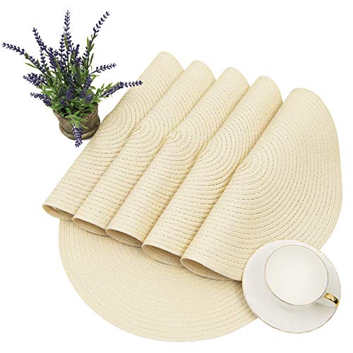 SHACOS Round Braided Placemats Set of 6 Washable Round Placemats for Kitchen Table 15 inch Round Table Mats (Beige, 6)