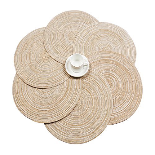 SHACOS Round Braided Placemats Set of 6 Washable Round Placemats for Kitchen Table 15 inch Round Table Mats (Beige, 6)