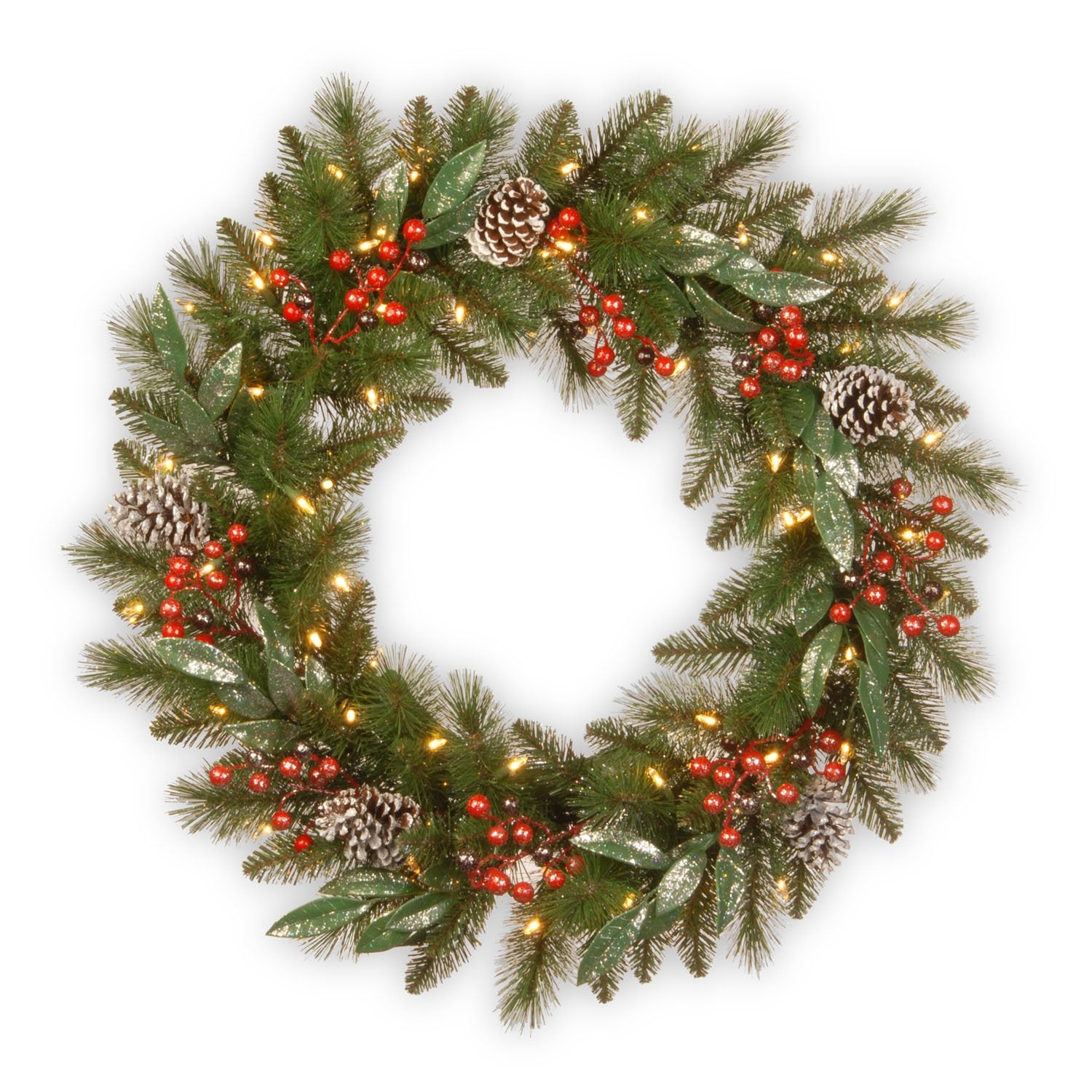 30" Frosted Pine Berry Wreath with Battery Operated LED Lights