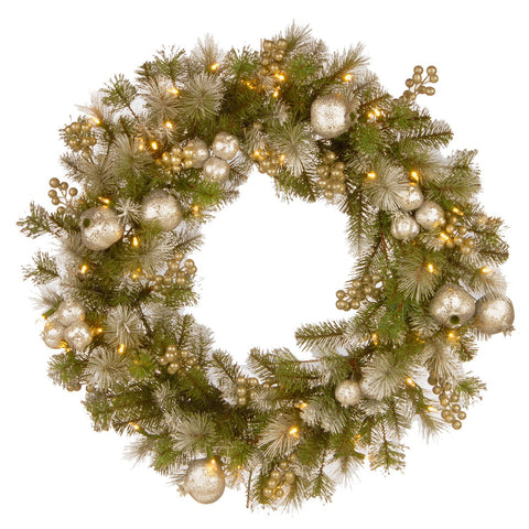 30" Glittery Pomegranate Pine Wreath with Battery Operated LED Lights