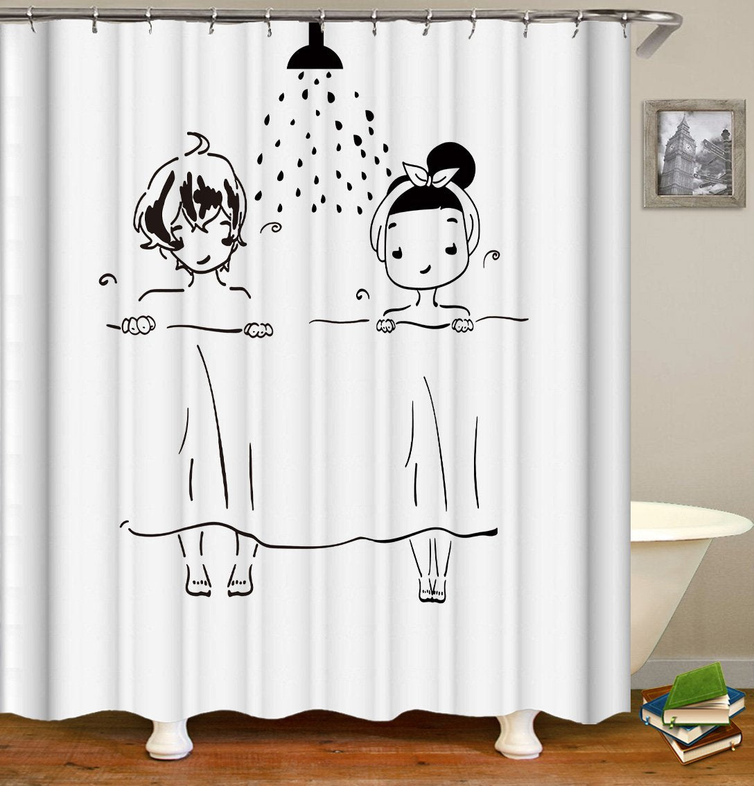 Couples Shower Black And White Drawing Shower Curtain