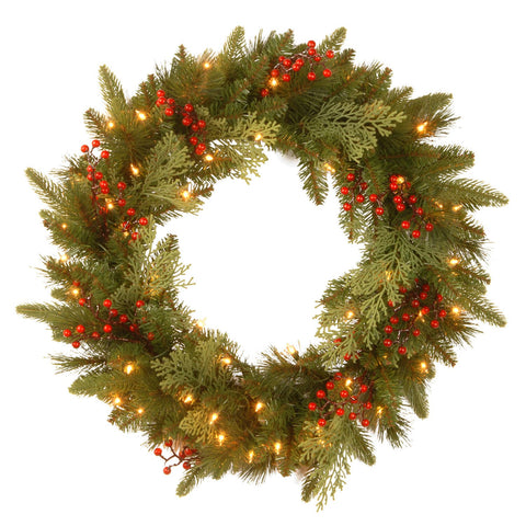 24" Classical Collection Wreath with Battery Operated Warm White LED