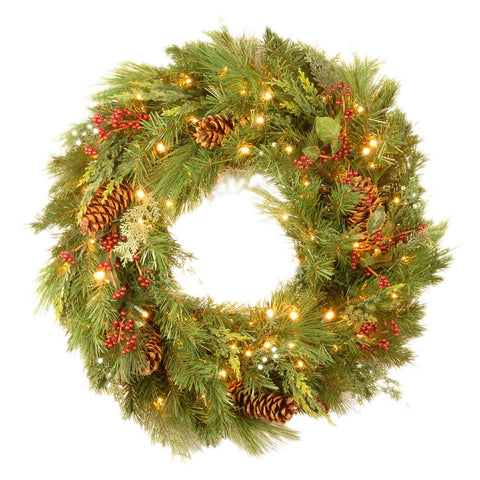 30" White Pine Wreath with Pine Cones and 100 Soft White LED Battery