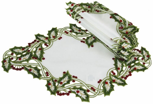 XD14791 Holly Embroidered Placemats, 12"x18", Set of 4