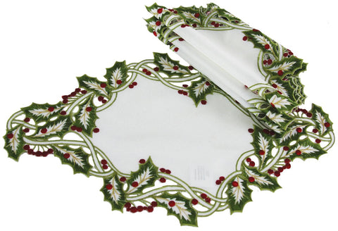 XD14791 Holly Embroidered Placemats, 12"x18", Set of 4