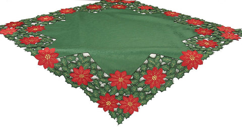 XD93248 Holly Leaf Poinsettia Table Topper, 34''X34''