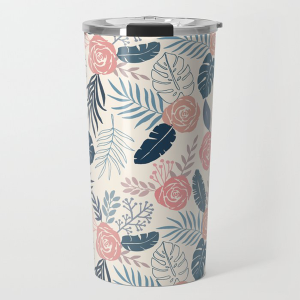 Blue & Blush Tropical Floral Travel Coffee Mug