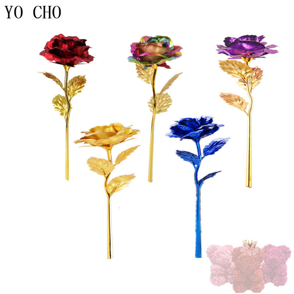 YO CHO Artificial Colour 24K Rose Valentine Day Gift Box 24K Gold Plated Golden Rose Flowers Holiday Present Wedding Party Decor