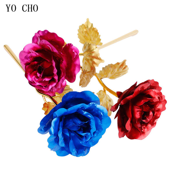 YO CHO Artificial Colour 24K Rose Valentine Day Gift Box 24K Gold Plated Golden Rose Flowers Holiday Present Wedding Party Decor