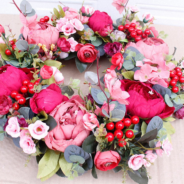 Decorative Door Wreath,Silk Flower Peony Head Flower Wreath 40cm Handmade Garland for Autumn Winter Outdoor Display Red