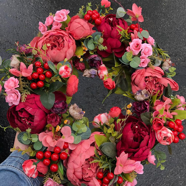 Decorative Door Wreath,Silk Flower Peony Head Flower Wreath 40cm Handmade Garland for Autumn Winter Outdoor Display Red