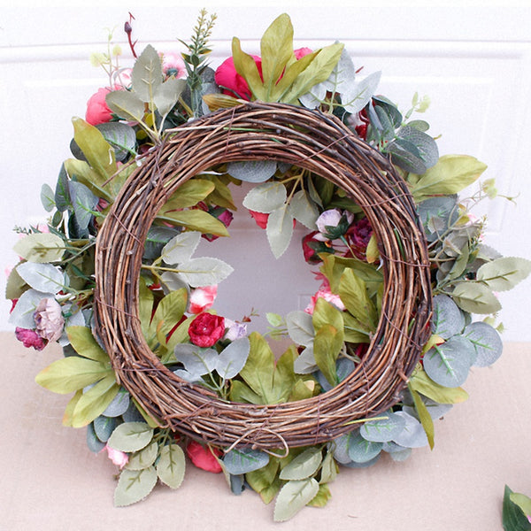 Decorative Door Wreath,Silk Flower Peony Head Flower Wreath 40cm Handmade Garland for Autumn Winter Outdoor Display Red