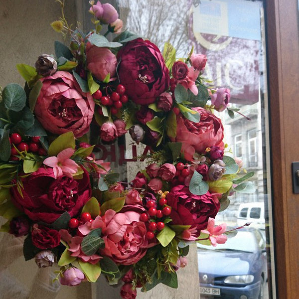 Decorative Door Wreath,Silk Flower Peony Head Flower Wreath 40cm Handmade Garland for Autumn Winter Outdoor Display Red