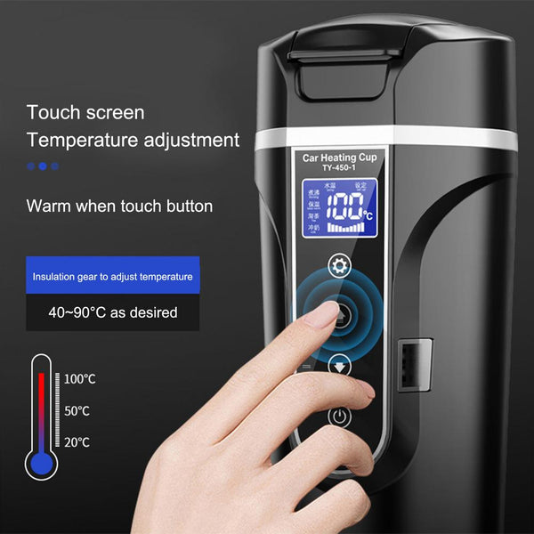 12V/24V 75-90W 15.2oz. LCD Display Vehicle Heating Cup Car Smart Coffee Heat Preservation Touch Screen Travel Electric Thermo Mug