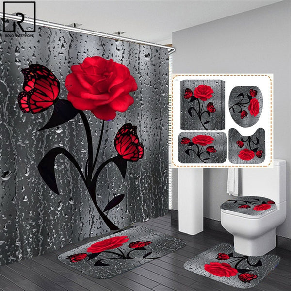 5 Colors Rose Print 3D Shower Curtain Waterproof Polyester Bathroom Curtain Anti-slip Bath Mat Set Toilet Rugs Carpet Home Decor