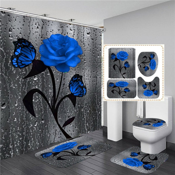 5 Colors Rose Print 3D Shower Curtain Waterproof Polyester Bathroom Curtain Anti-slip Bath Mat Set Toilet Rugs Carpet Home Decor