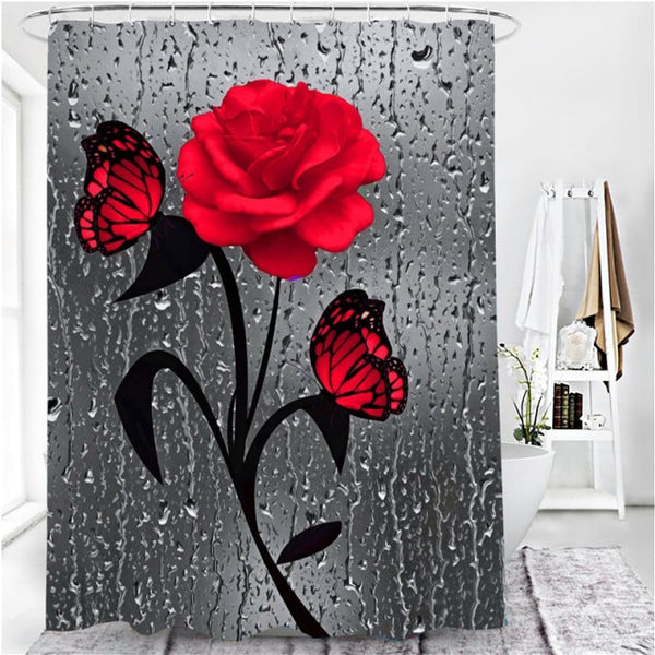 5 Colors Rose Print 3D Shower Curtain Waterproof Polyester Bathroom Curtain Anti-slip Bath Mat Set Toilet Rugs Carpet Home Decor