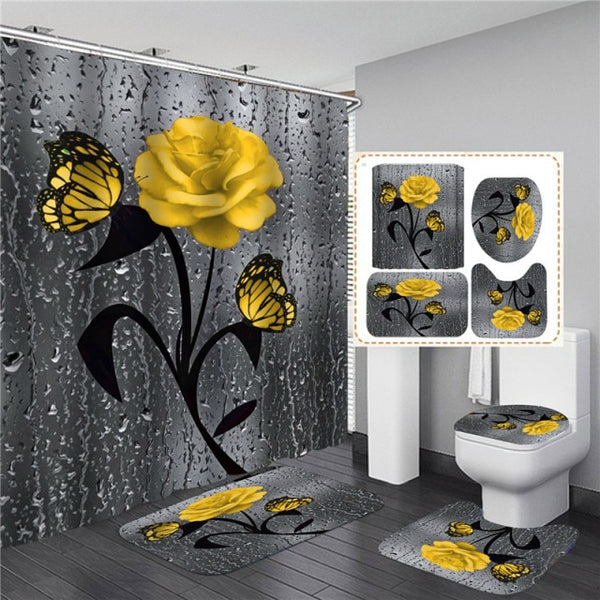 5 Colors Rose Print 3D Shower Curtain Waterproof Polyester Bathroom Curtain Anti-slip Bath Mat Set Toilet Rugs Carpet Home Decor