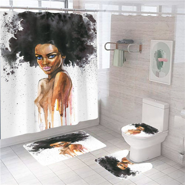 Black Women Afro Girls Print Shower Curtain Set Polyester Bathroom Curtain Hooks Modern Bath Mat Toilet Lid Cover WC Accessories