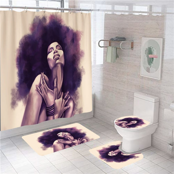 Black Women Afro Girls Print Shower Curtain Set Polyester Bathroom Curtain Hooks Modern Bath Mat Toilet Lid Cover WC Accessories