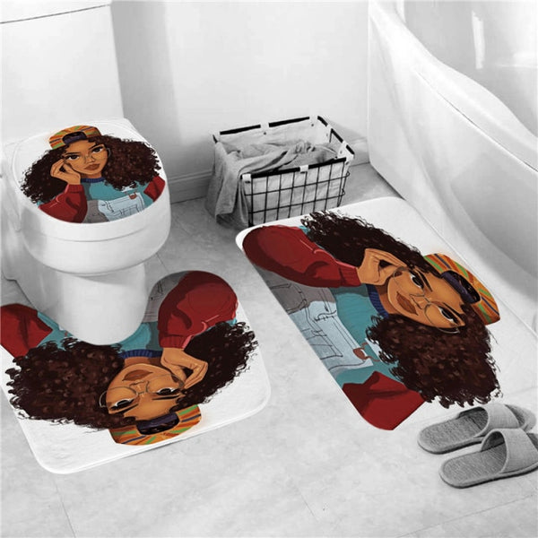 Black Women Afro Girls Print Shower Curtain Set Polyester Bathroom Curtain Hooks Modern Bath Mat Toilet Lid Cover WC Accessories