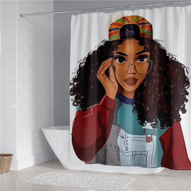 Black Women Afro Girls Print Shower Curtain Set Polyester Bathroom Curtain Hooks Modern Bath Mat Toilet Lid Cover WC Accessories