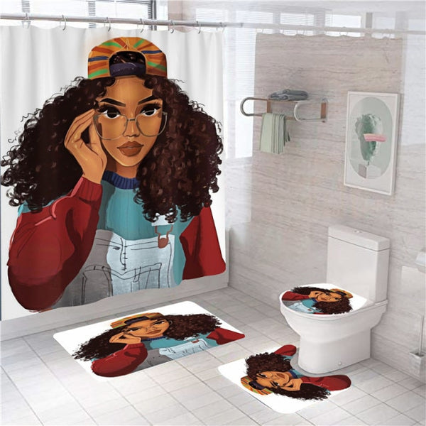 Black Women Afro Girls Print Shower Curtain Set Polyester Bathroom Curtain Hooks Modern Bath Mat Toilet Lid Cover WC Accessories