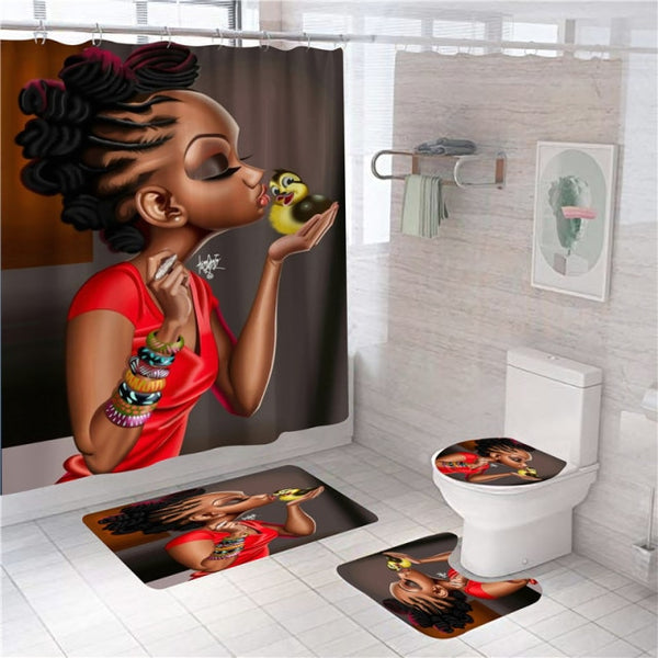 Black Women Afro Girls Print Shower Curtain Set Polyester Bathroom Curtain Hooks Modern Bath Mat Toilet Lid Cover WC Accessories