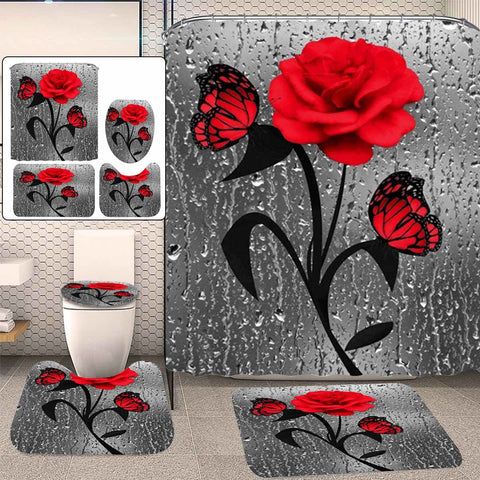 Red Rose&amp;Butterfly Bathroom Non-slip Mat Set Durable Waterproof Shower Curtain Set Pedestal Rug Lid Toilet Cover Bath Mat Rugs