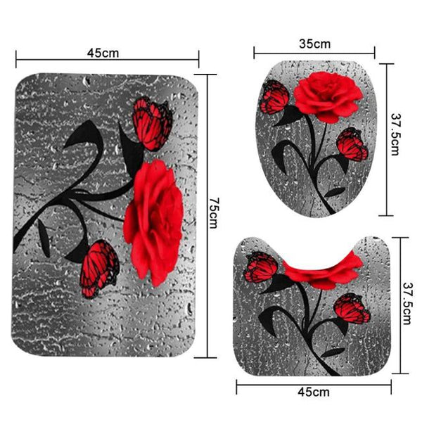 Red Rose&amp;Butterfly Bathroom Non-slip Mat Set Durable Waterproof Shower Curtain Set Pedestal Rug Lid Toilet Cover Bath Mat Rugs