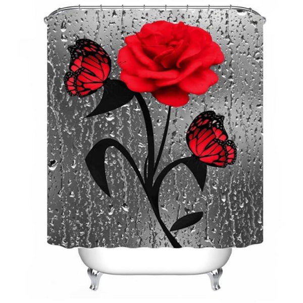 Red Rose&amp;Butterfly Bathroom Non-slip Mat Set Durable Waterproof Shower Curtain Set Pedestal Rug Lid Toilet Cover Bath Mat Rugs