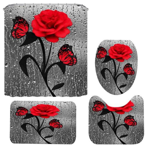 Red Rose&amp;Butterfly Bathroom Non-slip Mat Set Durable Waterproof Shower Curtain Set Pedestal Rug Lid Toilet Cover Bath Mat Rugs