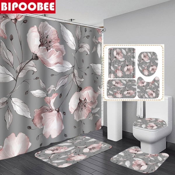 Pink Big Flower Print Shower Curtain European Style Waterproof Bathroom Curtains Home Decoration Non-Slip Rugs Bath Mat Set