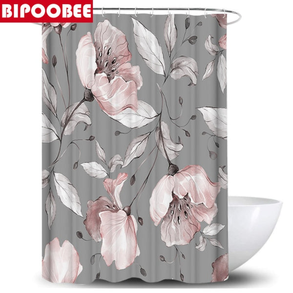 Pink Big Flower Print Shower Curtain European Style Waterproof Bathroom Curtains Home Decoration Non-Slip Rugs Bath Mat Set