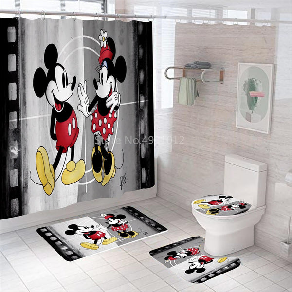 Disney Cartoon Mickey Minnie Mouse Bath Curtain 180x180cm 1Pc/4Pcs w/12 Hooks Shower Bathroom Toilet Mat Lid Rug Curtain Sets