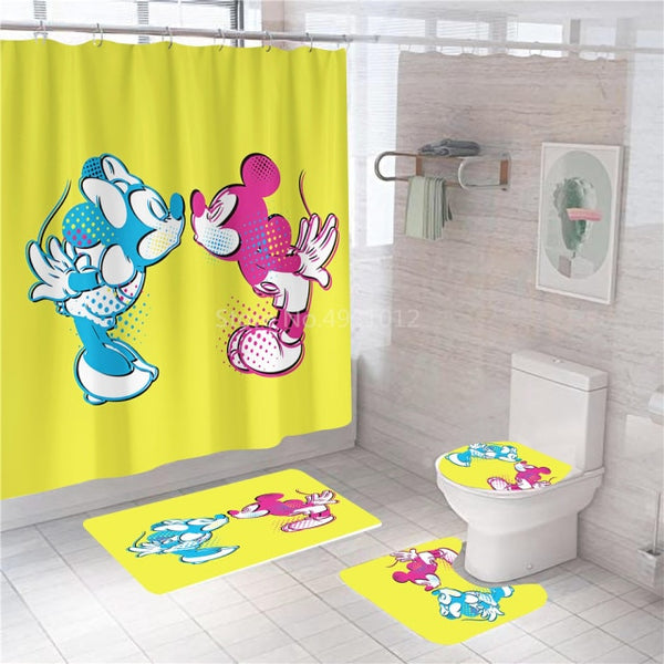 Disney Cartoon Mickey Minnie Mouse Bath Curtain 180x180cm 1Pc/4Pcs w/12 Hooks Shower Bathroom Toilet Mat Lid Rug Curtain Sets