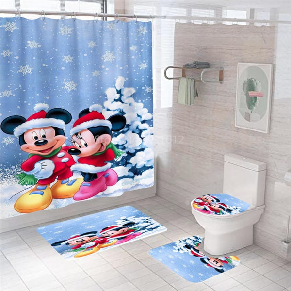 Disney Cartoon Mickey Minnie Mouse Bath Curtain 180x180cm 1Pc/4Pcs w/12 Hooks Shower Bathroom Toilet Mat Lid Rug Curtain Sets