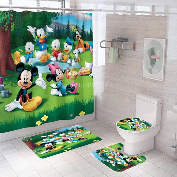 Disney Cartoon Mickey Minnie Mouse Bath Curtain 180x180cm 1Pc/4Pcs w/12 Hooks Shower Bathroom Toilet Mat Lid Rug Curtain Sets