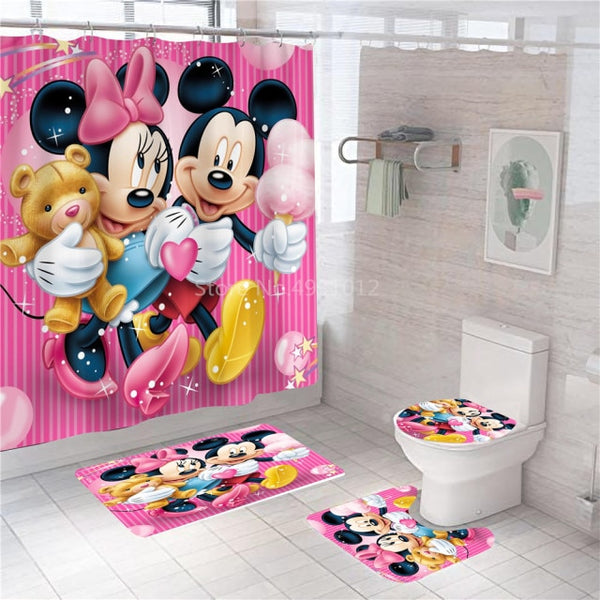 Disney Cartoon Mickey Minnie Mouse Bath Curtain 180x180cm 1Pc/4Pcs w/12 Hooks Shower Bathroom Toilet Mat Lid Rug Curtain Sets