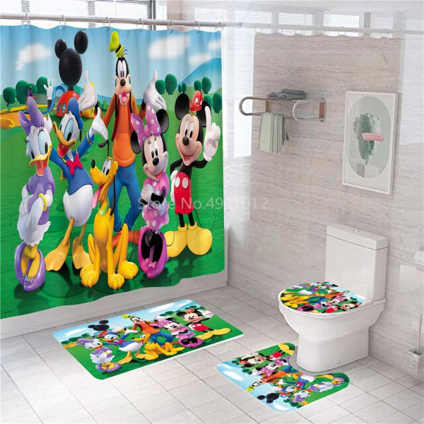 Disney Cartoon Mickey Minnie Mouse Bath Curtain 180x180cm 1Pc/4Pcs w/12 Hooks Shower Bathroom Toilet Mat Lid Rug Curtain Sets