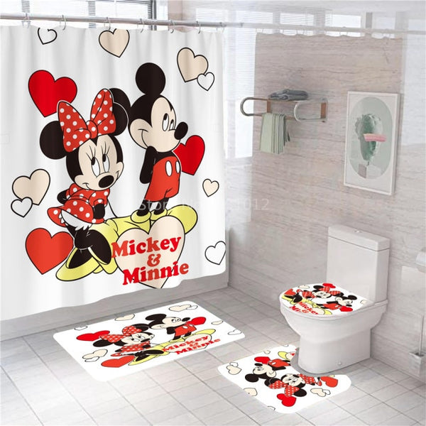 Disney Cartoon Mickey Minnie Mouse Bath Curtain 180x180cm 1Pc/4Pcs w/12 Hooks Shower Bathroom Toilet Mat Lid Rug Curtain Sets